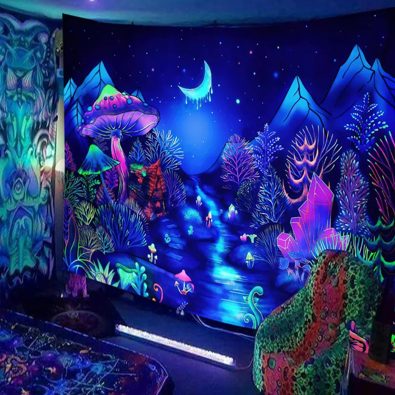 Wall Skull Tapestry Decor UV Reactive Black Light Colorful Mushroom Night Glowing Tapestries for Bedroom