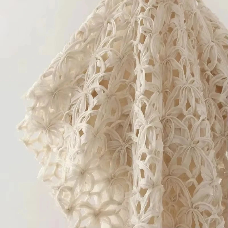 Apricot Hollow Flower Plaid Fabric Haute Couture Net Dress Knitting Coat Designer Fabrics