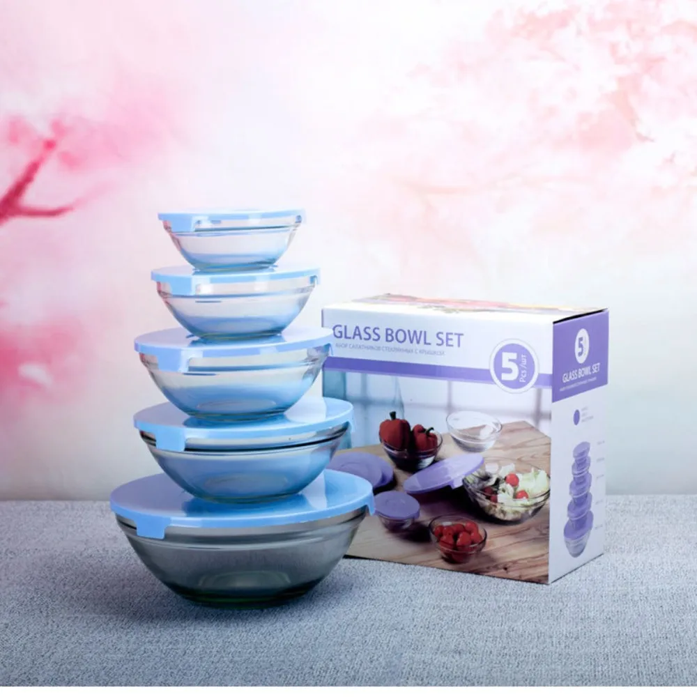 Wholesales custom  factory cheap 5pcs classic salad bowl set clear glass bowl set with color lidfor salad fruit