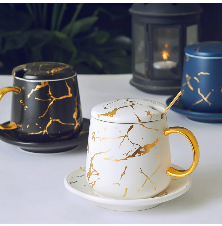  Роскошная черная матовая мраморная кофейная керамическая кружка чашка с блюдцем тарелкой крышкой