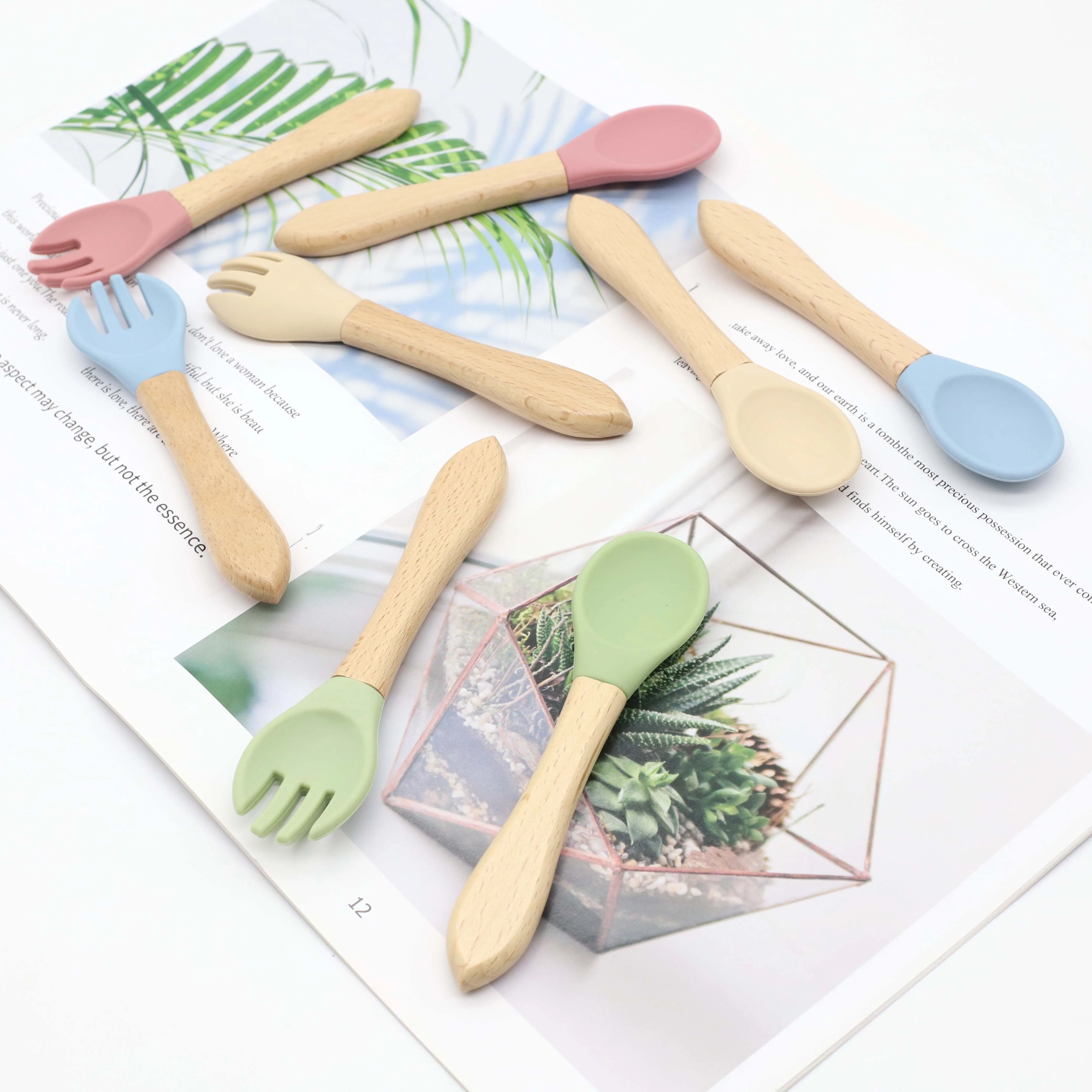 Baby Feeding Kid Training Eat Solid Food Dishes Children Spoon Fork Tableware Wooden Handle Silicone Spoon And Fork Set