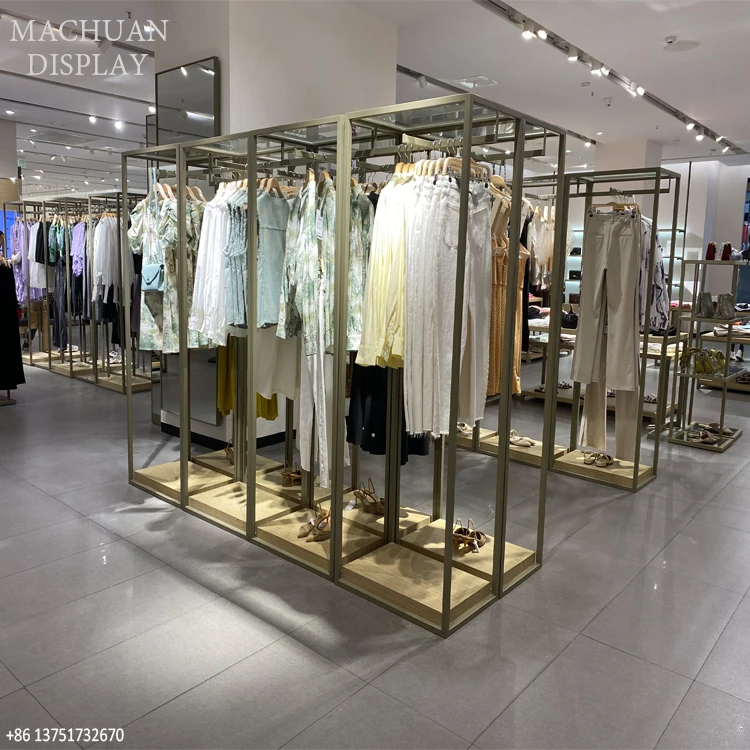 Retail Shop Design Clothing Store display showcase gold clothing rack for shop