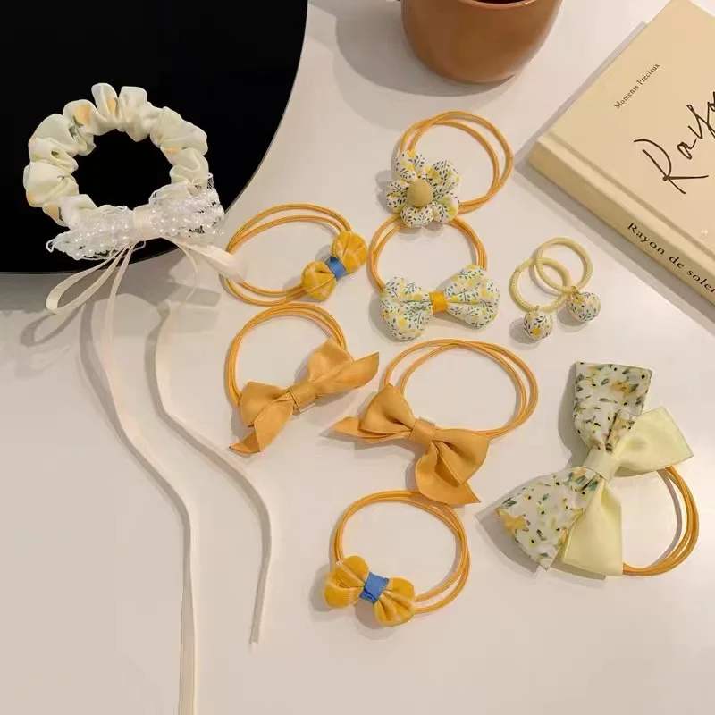 10pcs Kids Hair Tie Set Elastic Rubber Bands With Bow Soft Ponytail Holder Set