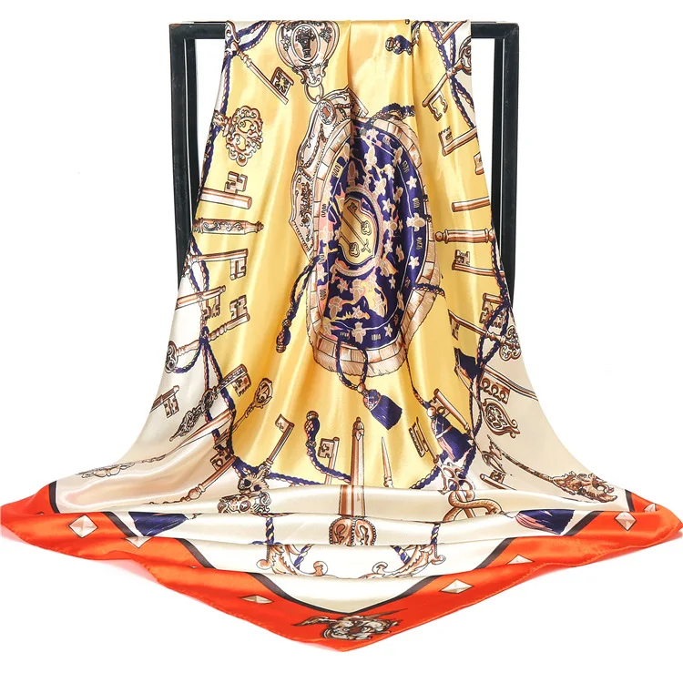 Оптовая продажа, высококачественные атласные винтажные шарфы с цифровым принтом, 90 см * 90 см, шарф из чистого шелка