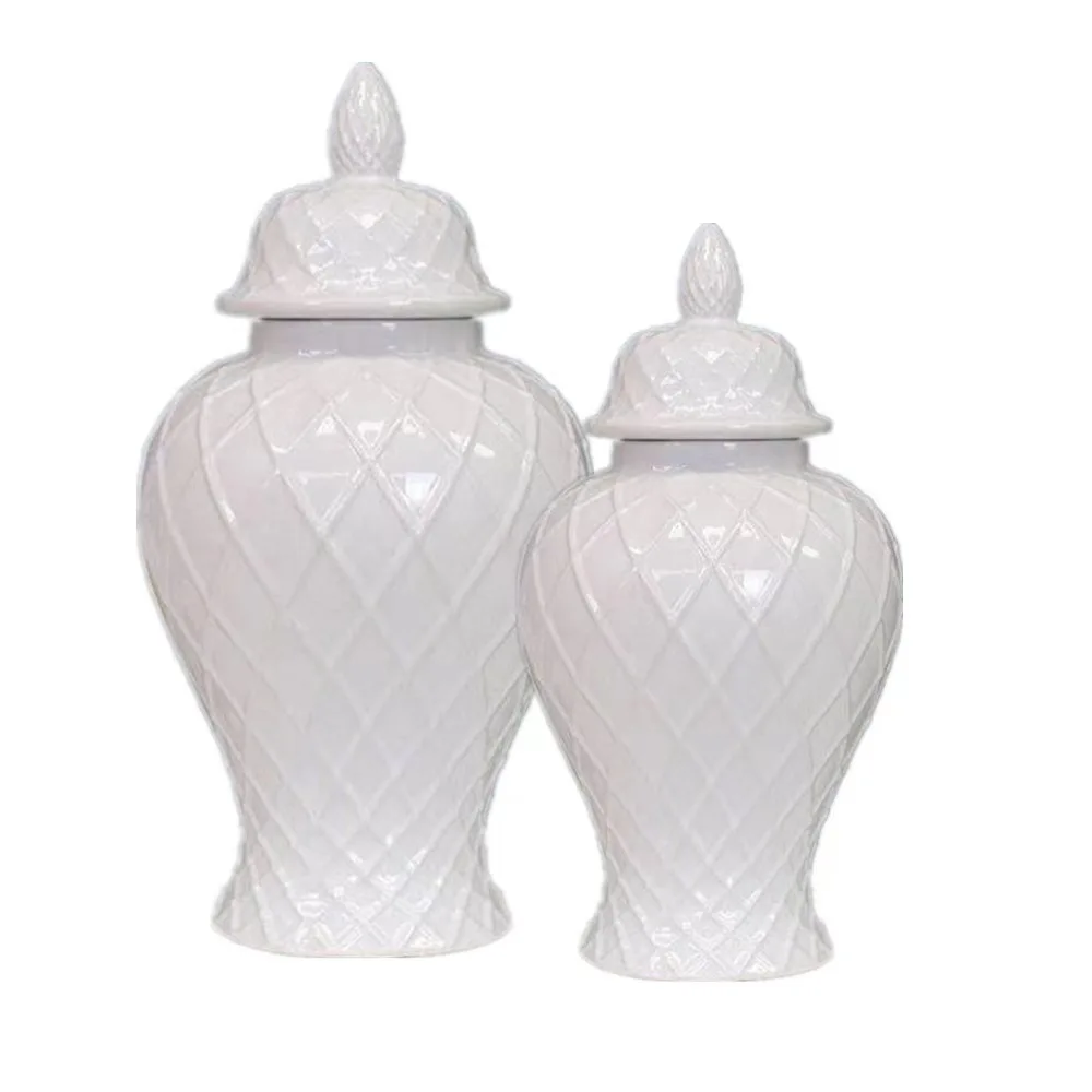 Home Decor Custom Wholesale Glazed White Electroplated Line Golden Ceramic Ginger Jar Flower Vase With Lid