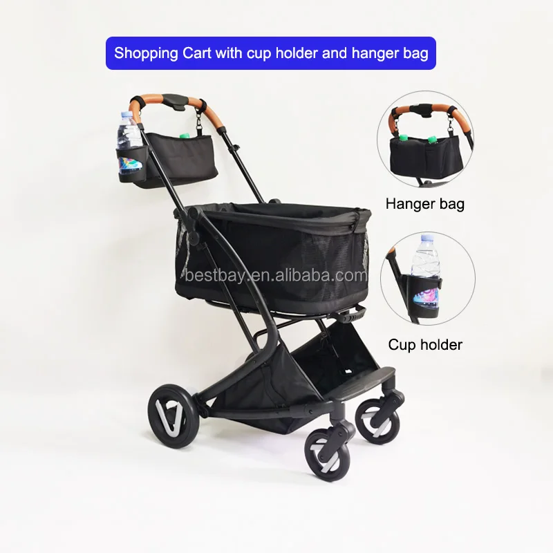 Lightweight Mesh Shopping cart with detachable bag  Easy folding four EVA wheels with rear brake device shopping trolley