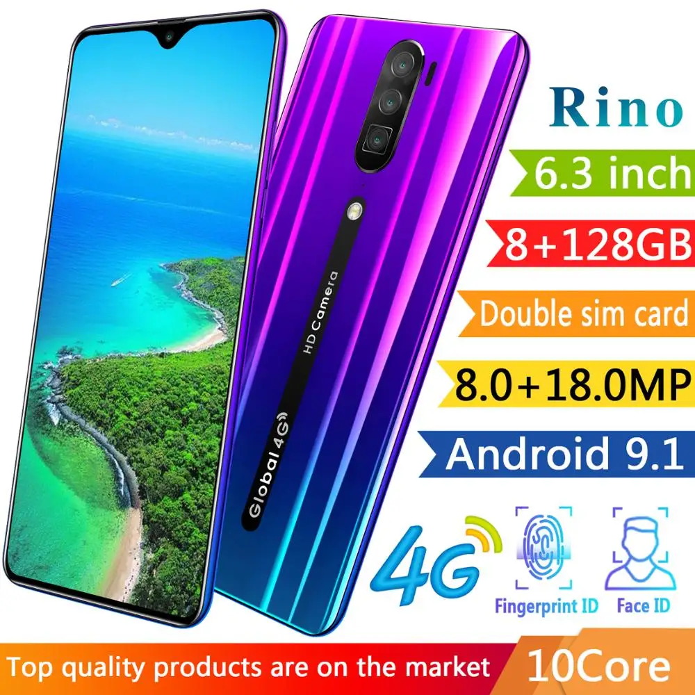 
Hot unlocked RINO 4G LTE 6.3inch 3G+64G Smart phone Android 9.0 cell phone with fingerprint face ID 