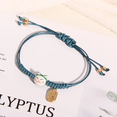 Cute ceramic cat braided rope bracelet Hand-woven lucky cat strings