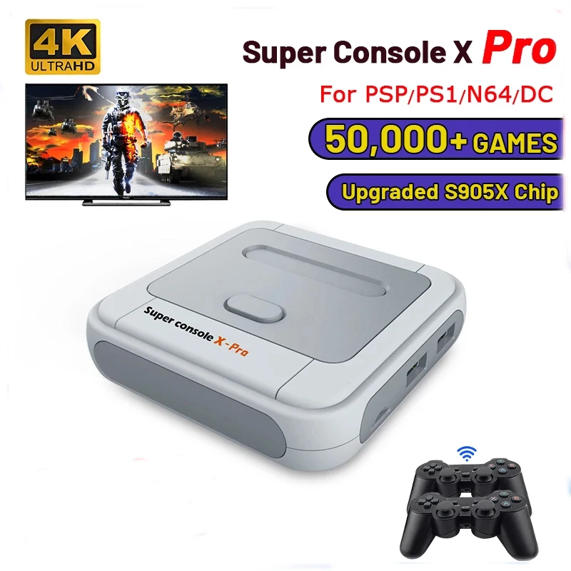 Retro WiFi Super Console X Pro 4K HD TV Video Game Consoles For PS1/PSP/N64/DC With 50000+ Games With 2.4G Wireless Controllers