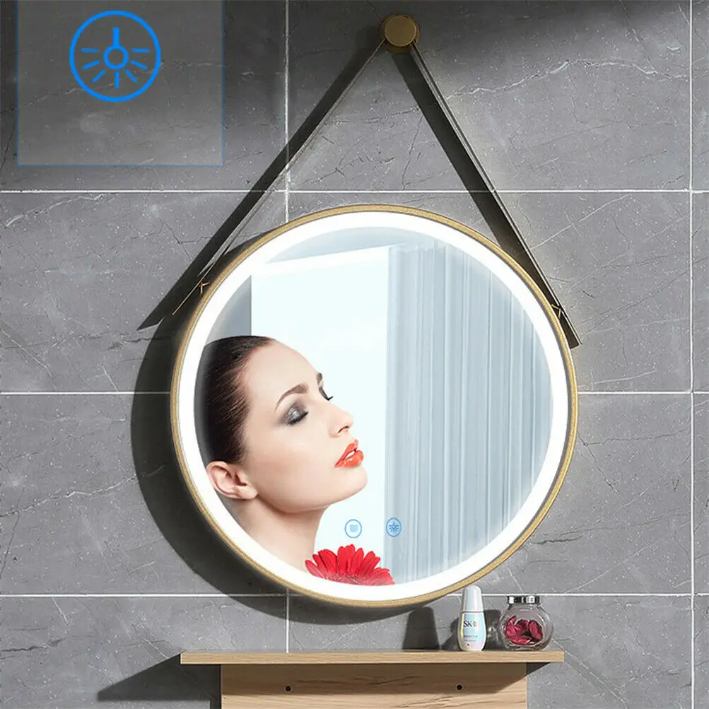 Copper free glass factories aluminum framed mirrors front light leather lanyard round led mirror