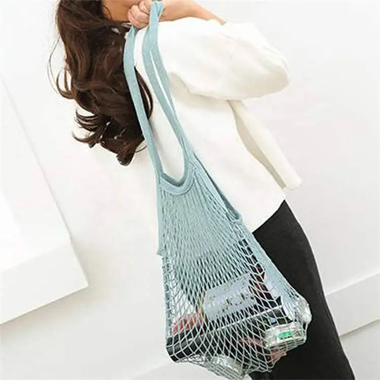 Eco Friendly Organic Cotton Reusable Grocery Net Shopping Bag With Custom Logo Printed