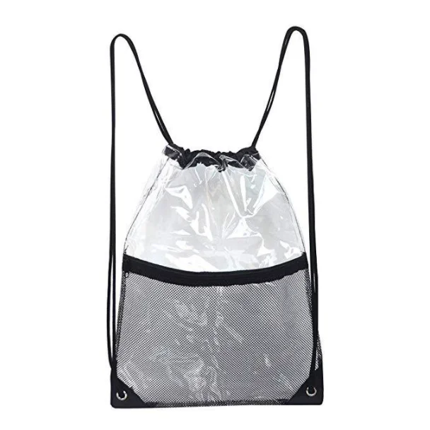 Custom Logo Fashion Waterproof Clear String Backpack Mesh Stitching Transparent Pvc Drawstring Bag