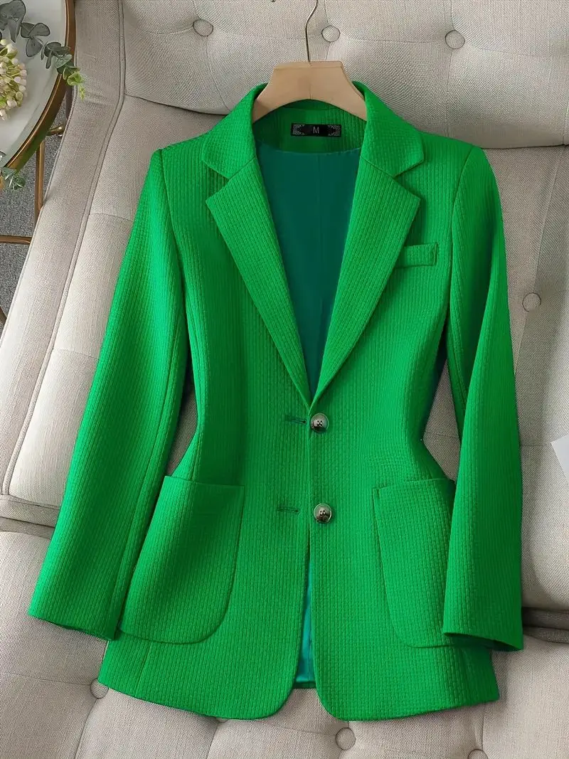 Elegant Notched Neck Tunic Blazer Classic Lapel Solid Button Front Long Sleeve Office Work Essential Professional Clothing
