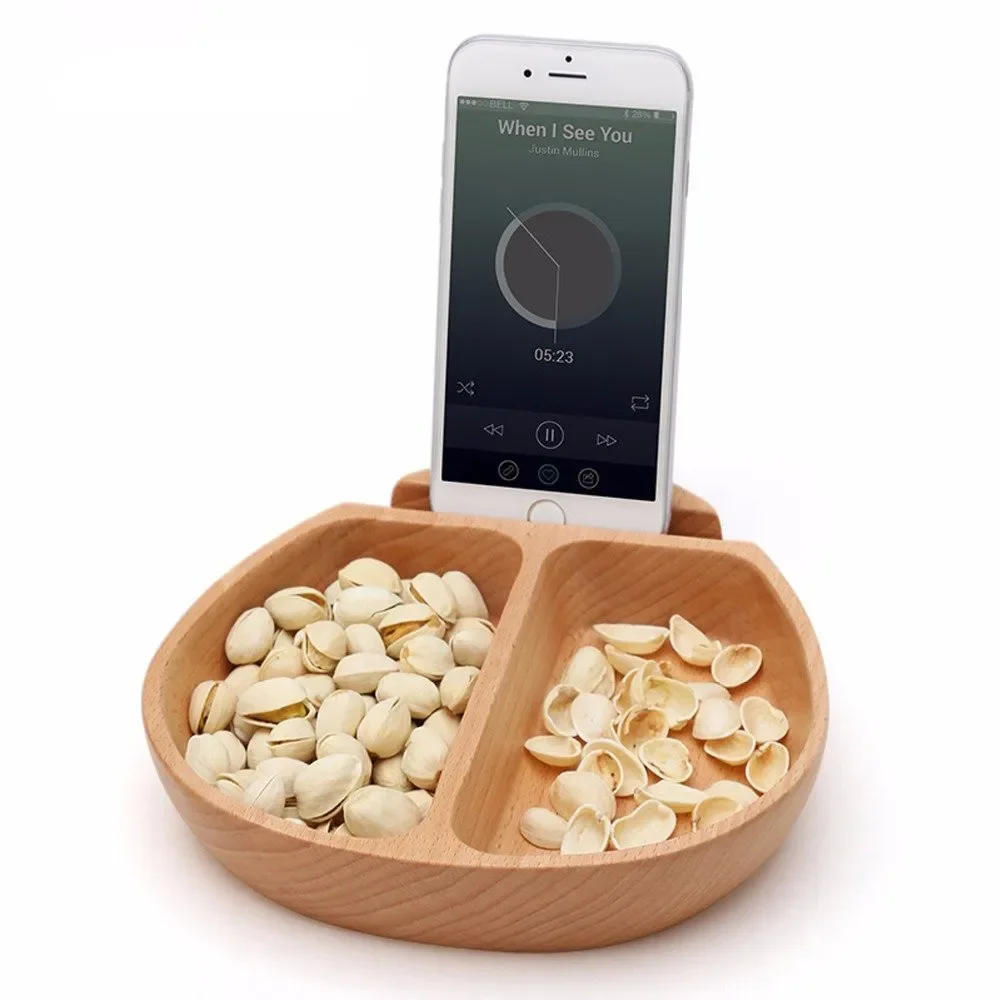 Pistachio Snack Bowl Wooden Household Snacks Storage Box 2 Lattice Container With Phone Slot Holder Stands Plate Dish Organizer