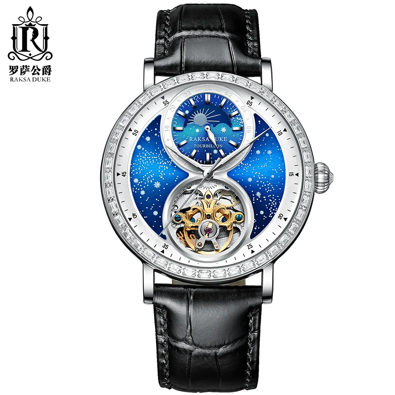 Роскошные мужские супер светящиеся водонепроницаемые часы Tevise Raksa Duke 888K-001 из нержавеющей стали с алмазным корпусом и снежинкой