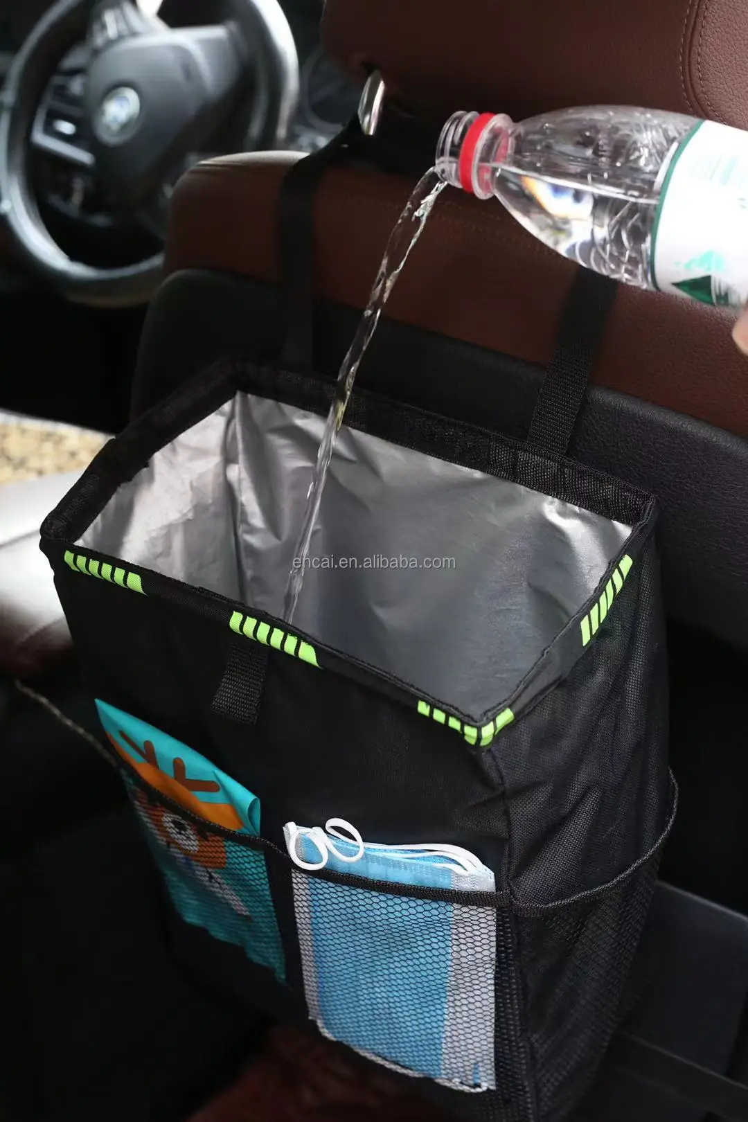Leakproof Car Back Seat Backseat Hanging Organizer Trash Can with 4 Storage Pockets Portable Folding Car Trash Can Bin Organizer