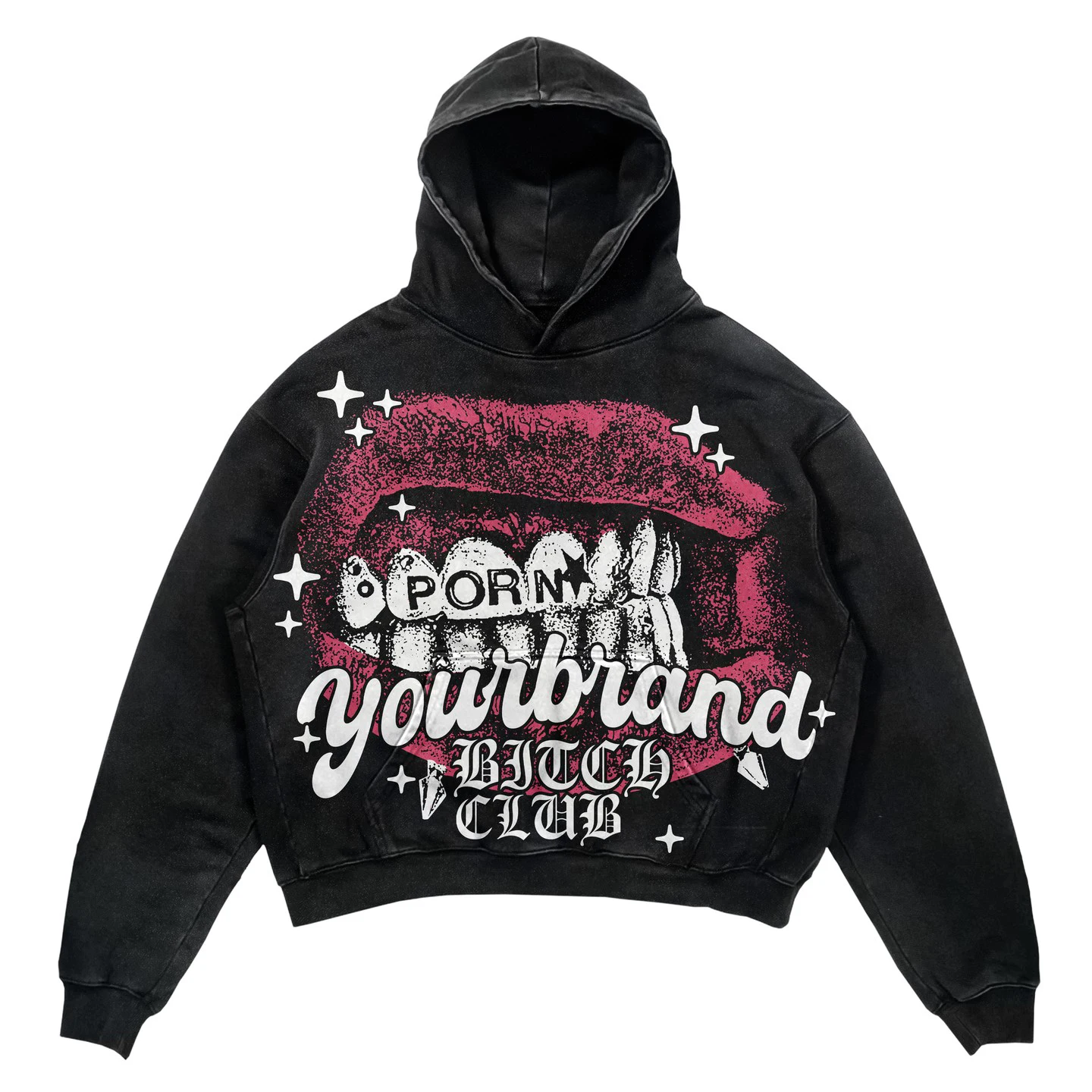 Customize Men Washed Fade Cotton Printed Boxy Fit Heavy Vintage Cropped Streetwear Heavy Weight Black Hoodie