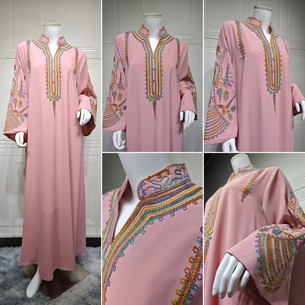 AB420 Trendy Middle Eastern Dubai Abaya Women Muslim Dress Embroidered Pullover Islamic Robes Moroccan Kaftan Arabic Jalabiya