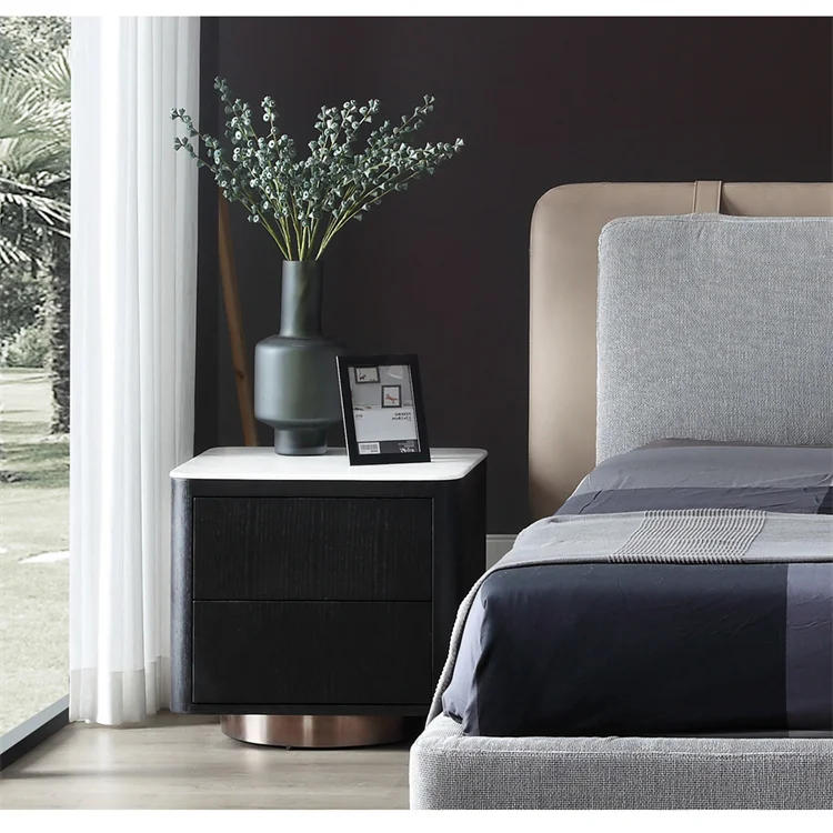 Nordic Italian black bedside table modern light luxury square marble solid wood nightstand locker luxury furniture bedroom