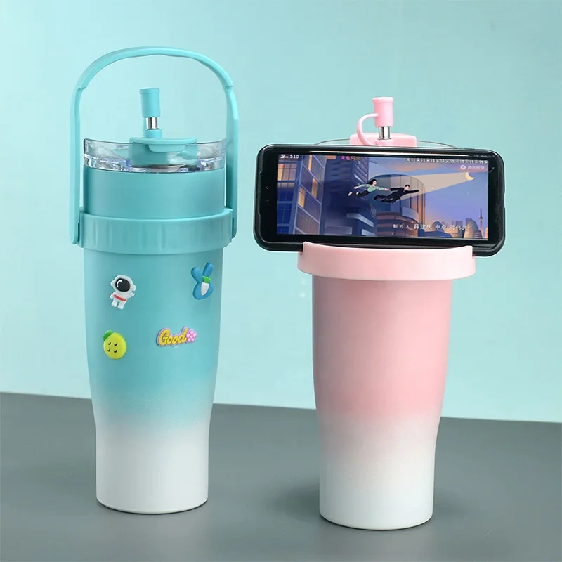 Wholesale Lady 40oz Gradient Pink Stainless Steel Coffee Drink Tumbler with Mobile Stand Handle Straw and Cartoon Sticker