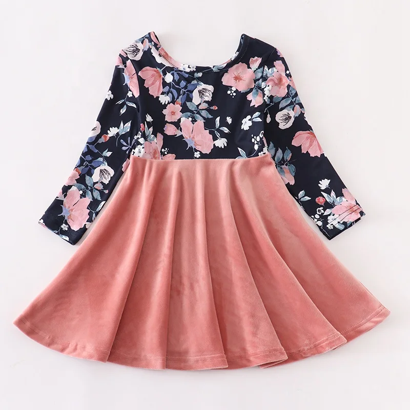Girlymax Floral Winter Pink patchwork Velvet Boutique Long Sleeve Knee Length Baby Girls Dresses
