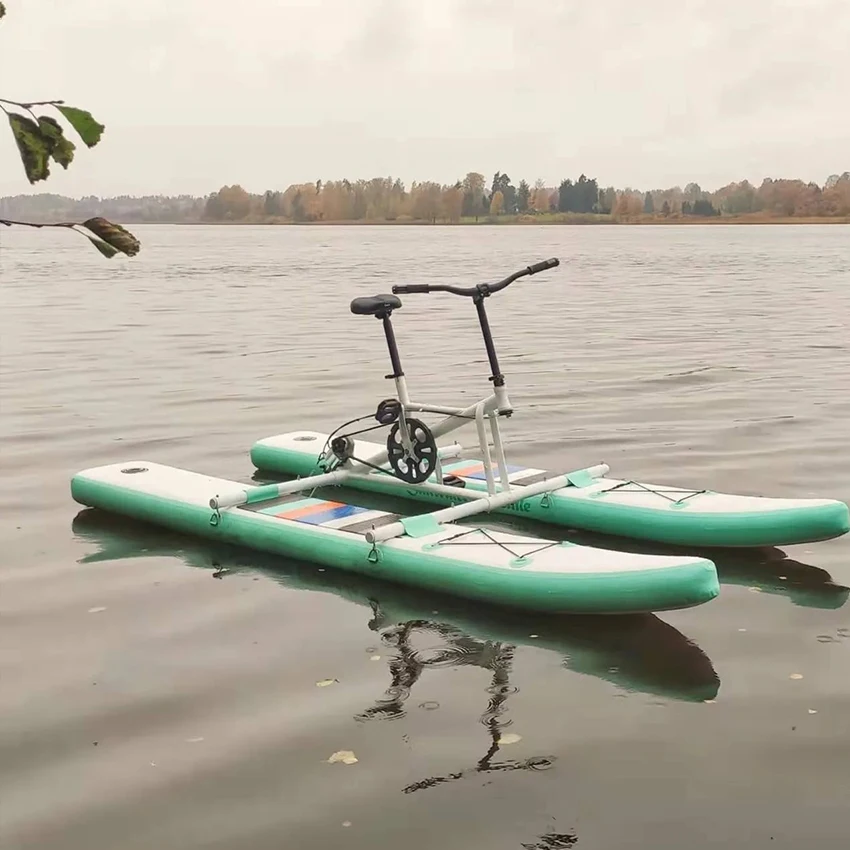 Funworldsport Newly Water Play Equipment Inflatable Water Bicycle Pontoon Lake Sea Inflable Board with bike