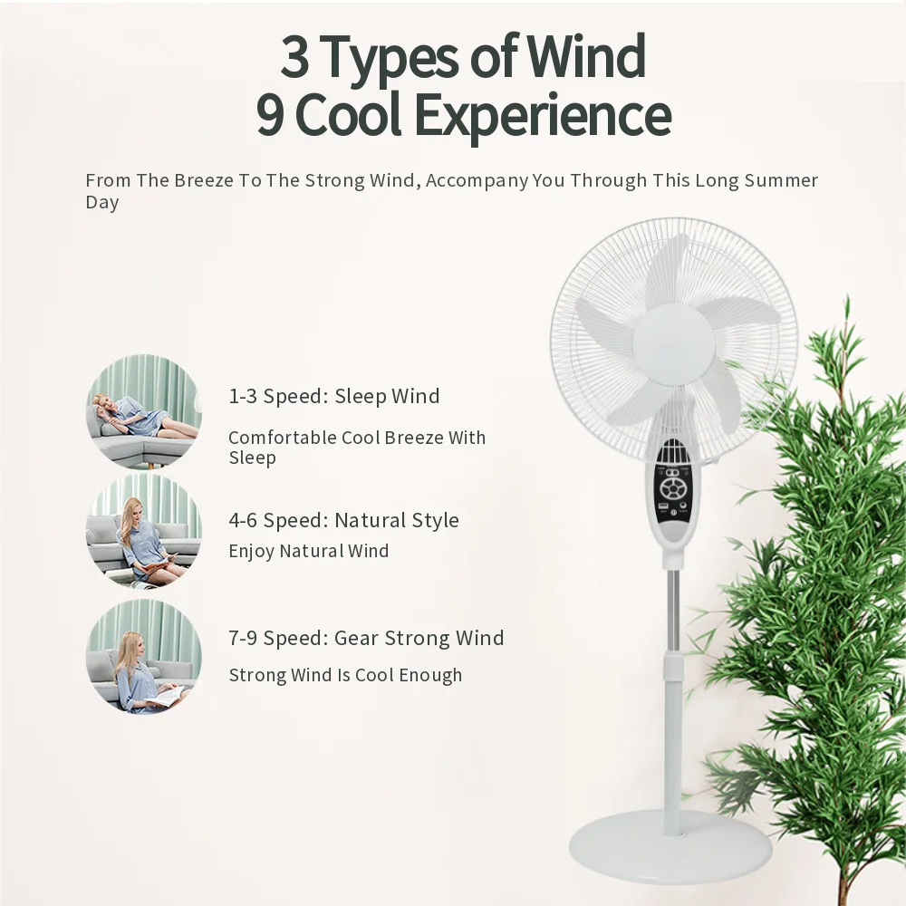 hot sale 16 inch Ventilador Recargable Portatil Portable Electric Rechargeable Solar Panel Brushless AC DC Stand Fan