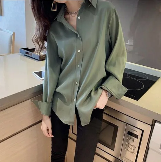 Wholesale 2021 Autumn New Style Korean Retro Temperament Satin Solid Color Loose and Thin Lapel Long-sleeved Bottoming Shirt