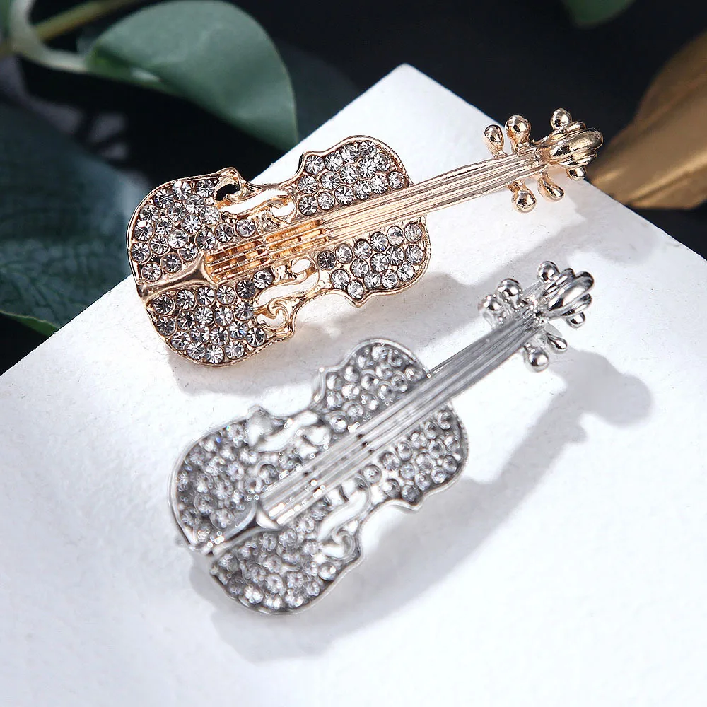 Fashion New Design Elegant Suite Jewelry Sliver Gold Metal Alloy Rhinestone Suite Music Violin Brooch Pins