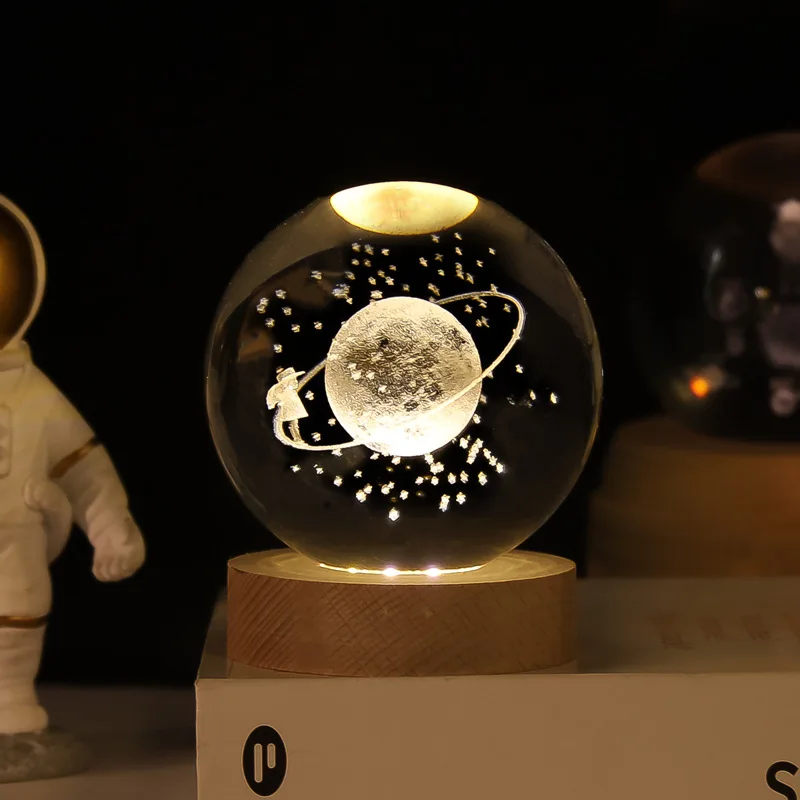 Custom 3D Art Carved Star Night Lamp Wood Base Luminous Crystal Ball for Girl Gift Room Decoration