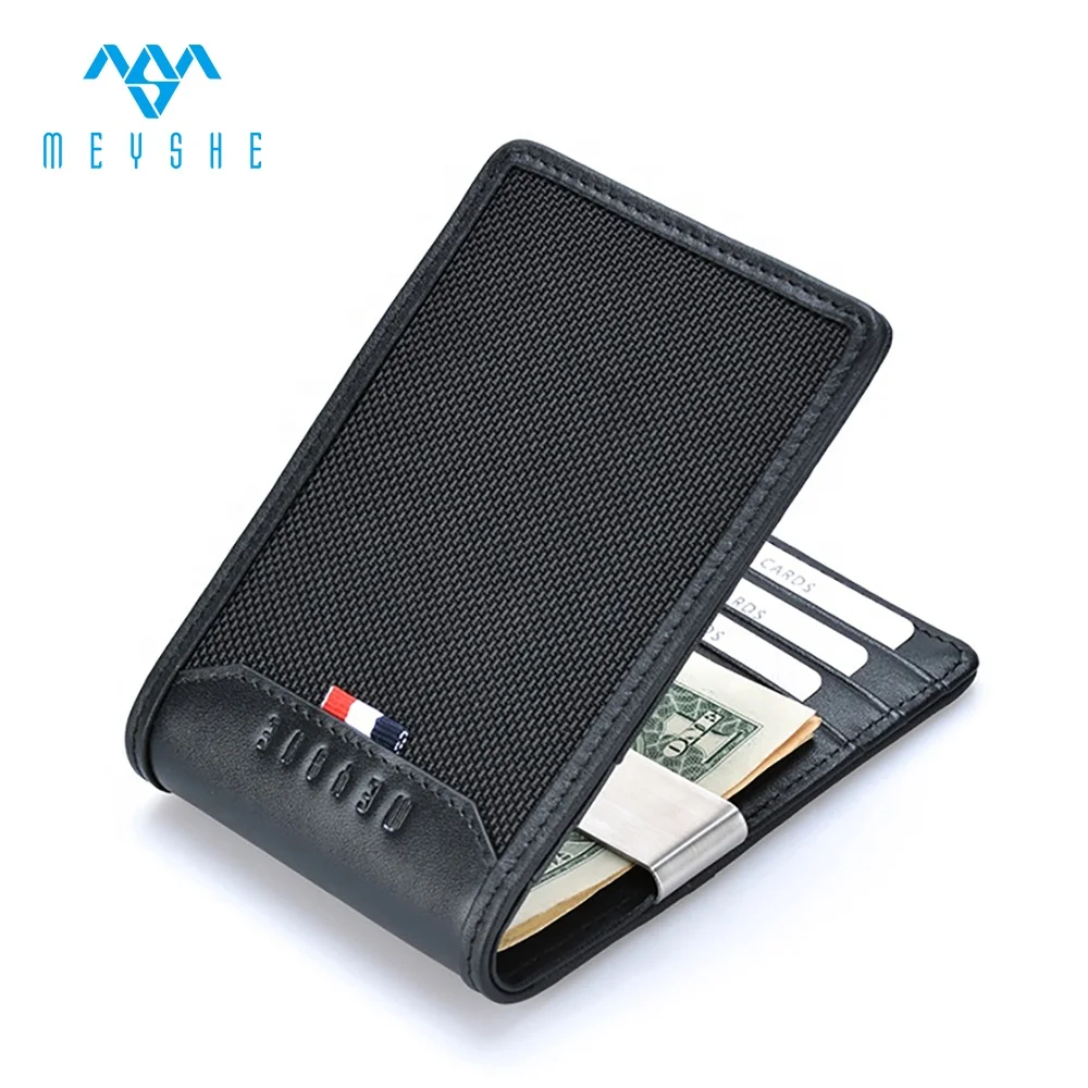 2019 hot sale black ballistic nylon genuine leather rfid custom slim money clip