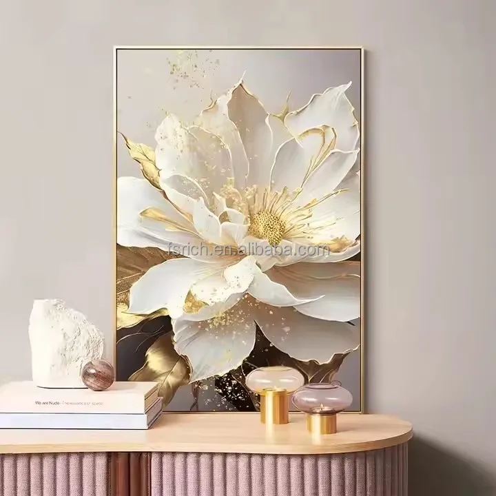 Customize Gold Leaf White Flowers Modern Canvas Decorative Posters Canvas Wall Art Picture Printing Living Room Home Decor
