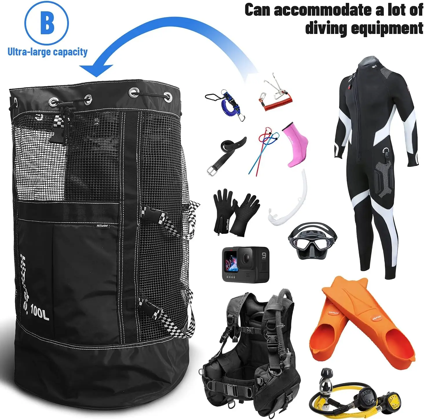 100L Large Capacity Mesh Diving Equipment Gear Bag Backpack Portable Storage Bag