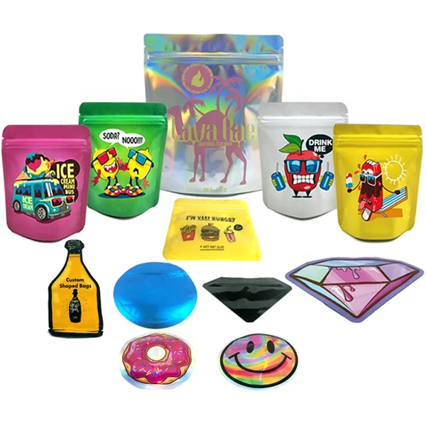 Stock Mylar Bags Reclosable Zip Lock Puffs Chips Brownies Snacks Food Smell Proof Edible Packaging Custom Size PET Packing Socks