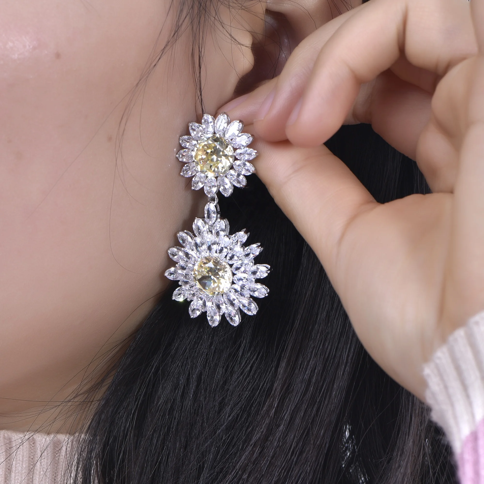 925 silver dangle Chandelier Earrings 5A CZ crystal flower earrings for women sunflower earrings