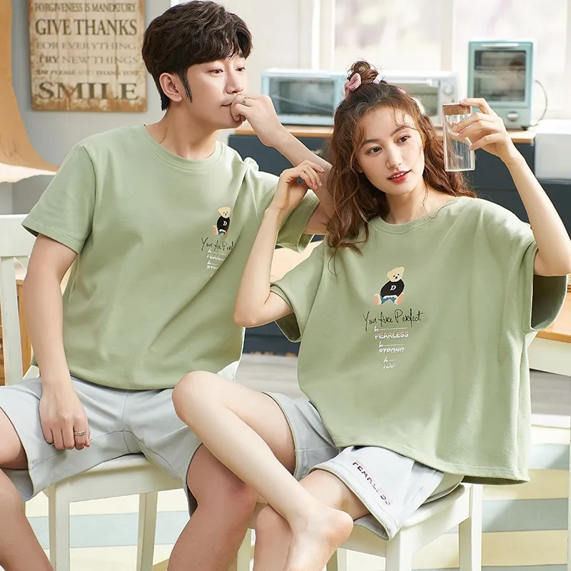 
2021 New family couple short high quality printed cotton pajamas sleepwear cotton 