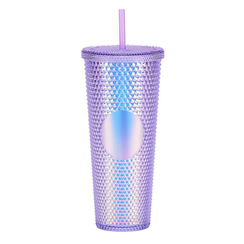 Hot sale 24OZ Double Wall acrylic reusable cup Light Blue Purple Black Matte plastic studded tumbler with straw