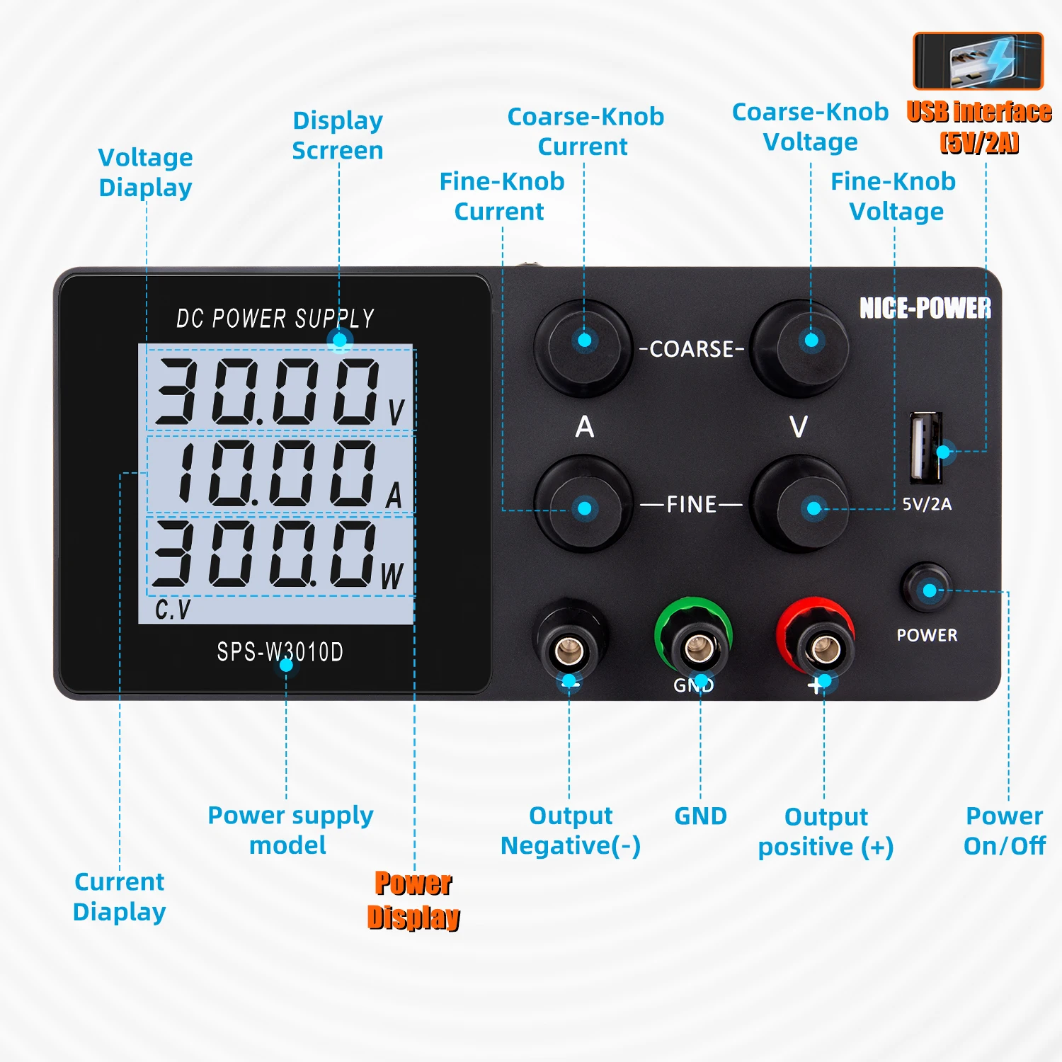 NICE-POWER SPS-W3010D 30 В 10A 300 Вт цифровой ЖК-дисплей Регулируемый источник питания постоянного тока для ремонта