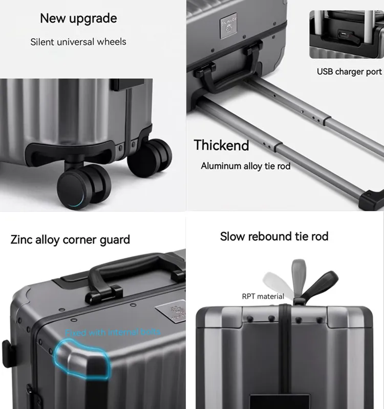 2024 Original top quality all aluminum magnesium alloy luggage lucxry trolley bag carry-ons 20 inch pure metal suitcase