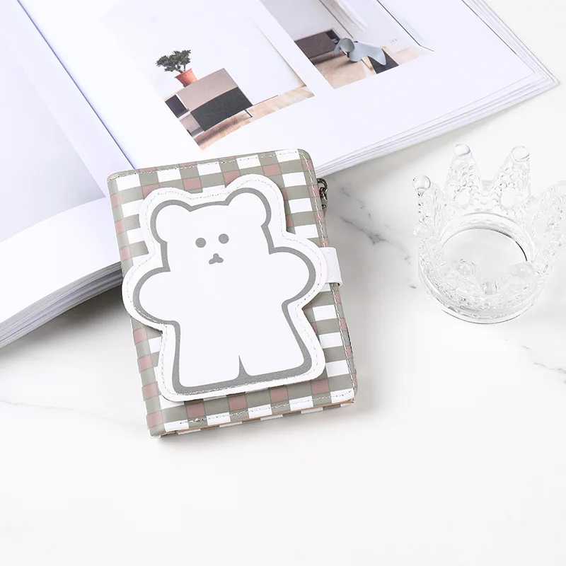 2022 new design women plaid cute bear Pu leather students short wallet with zip girls Coin Purse card wallet