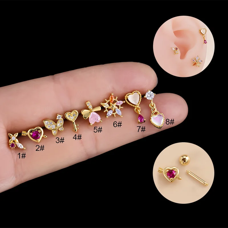 Fashion pink zircon love butterfly key flower ear bone nail double-head thread thick rod cartilage puncture ear studs 1piece
