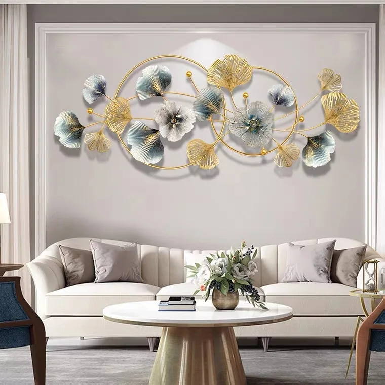 Home Metal Wall Decor, 3D Golden Ginkgo Leaf Wall Hanging Decor with Frame Golden Metal Art Wall Sculpture