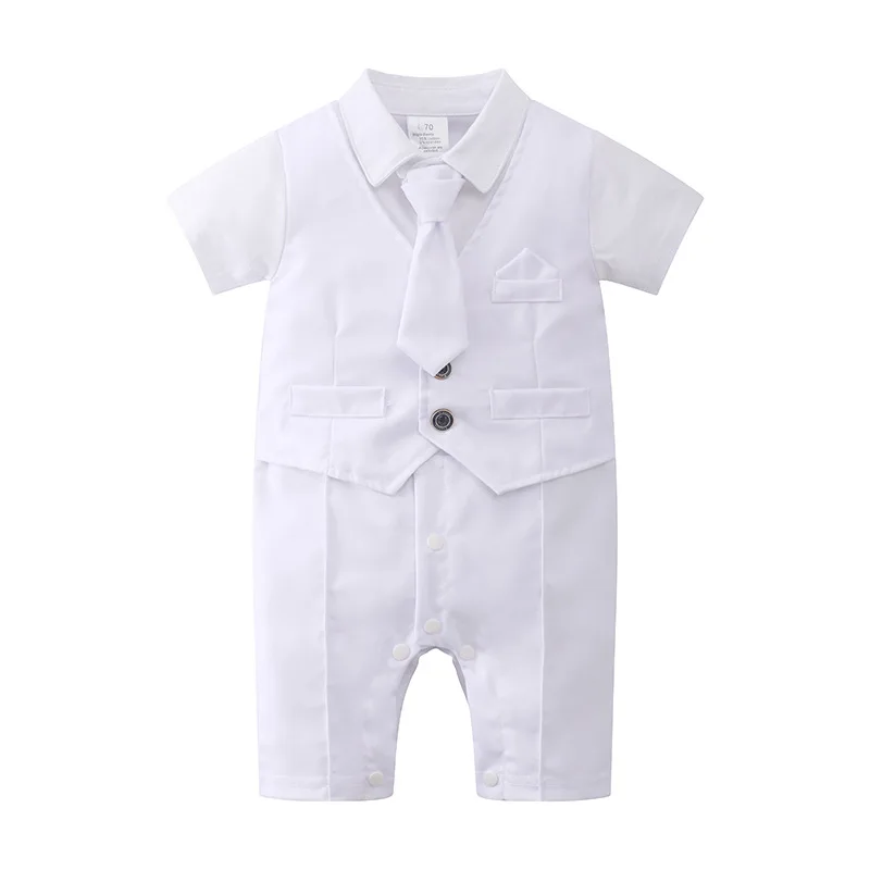 2022 Summer Infant Clothes Formal Gentleman Baptism Party Short Sleeve Lapel Pure White Newborn Boys Romper Baby Wear