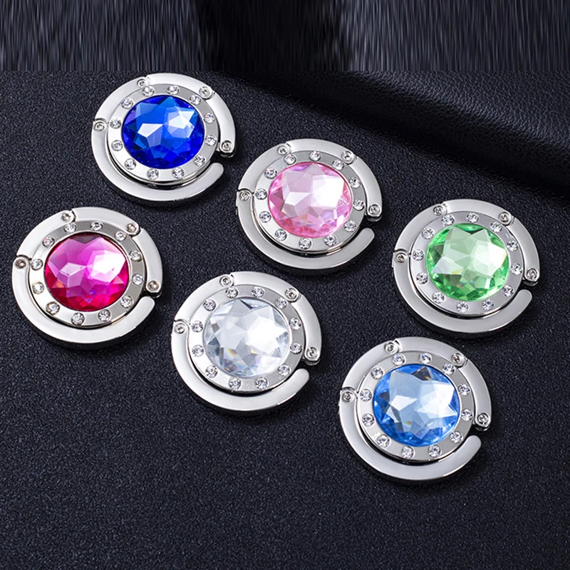 Pink Foldable Table Handbag Hook Round Shaped Diamond Bag Hanger Holder Metal Purse Hook