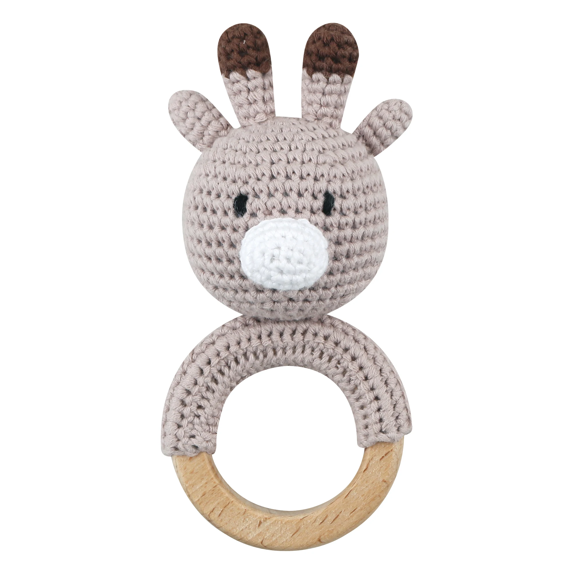 Wholesale custom baby hand-made wooden ring woven animals cute giraffe shaped baby tooth toy rattles