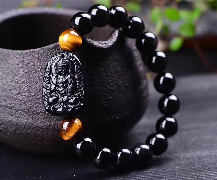Natural Obsidian Carving Eight Patron Saint Lucky Amulet 10mm Round Bead Bracelet For Women Men Bracelet