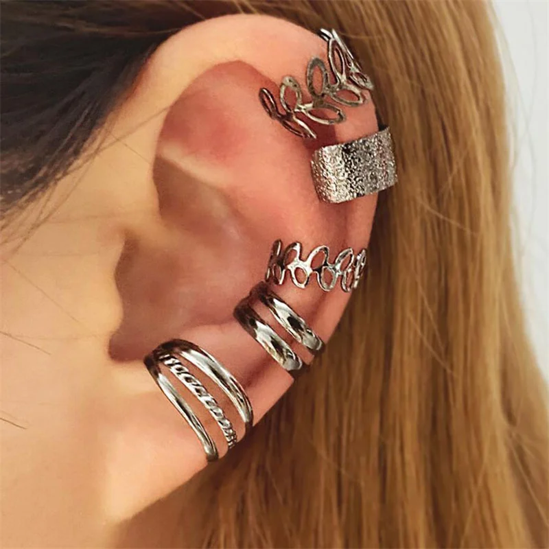 Gold Color Leaves Ear Cuff Black Non-Piercing Ear Clip Earrings for Women Men  Cartilage Earring Cuff Jewelry