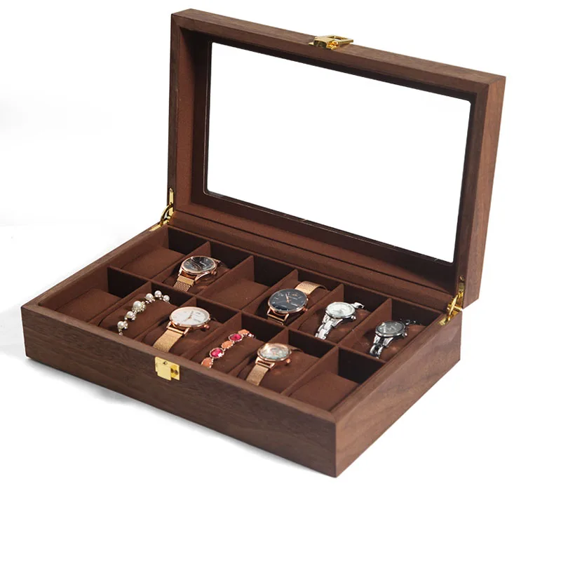 wholesale walnut wooden  design 12 slot watch organizer packaging gift storage case velvet pillow glass window display stock
