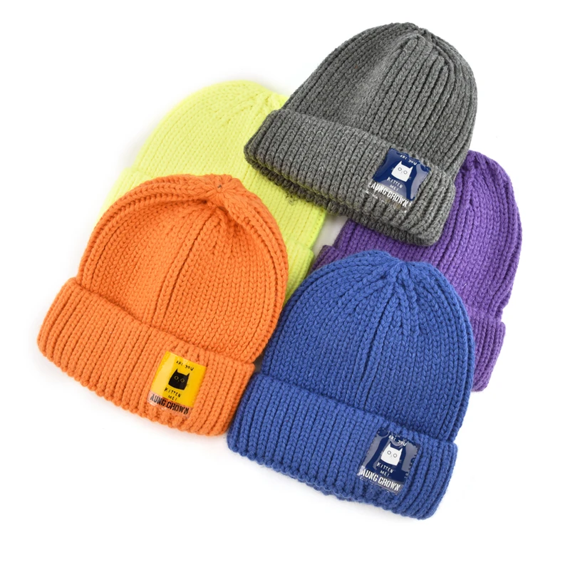 Custom Solid Color Knit Cuffed Plain Beanie Cap,Private Woven Label Logo Beanies,Skull Hats Warm Kids Knitted Winter Hat