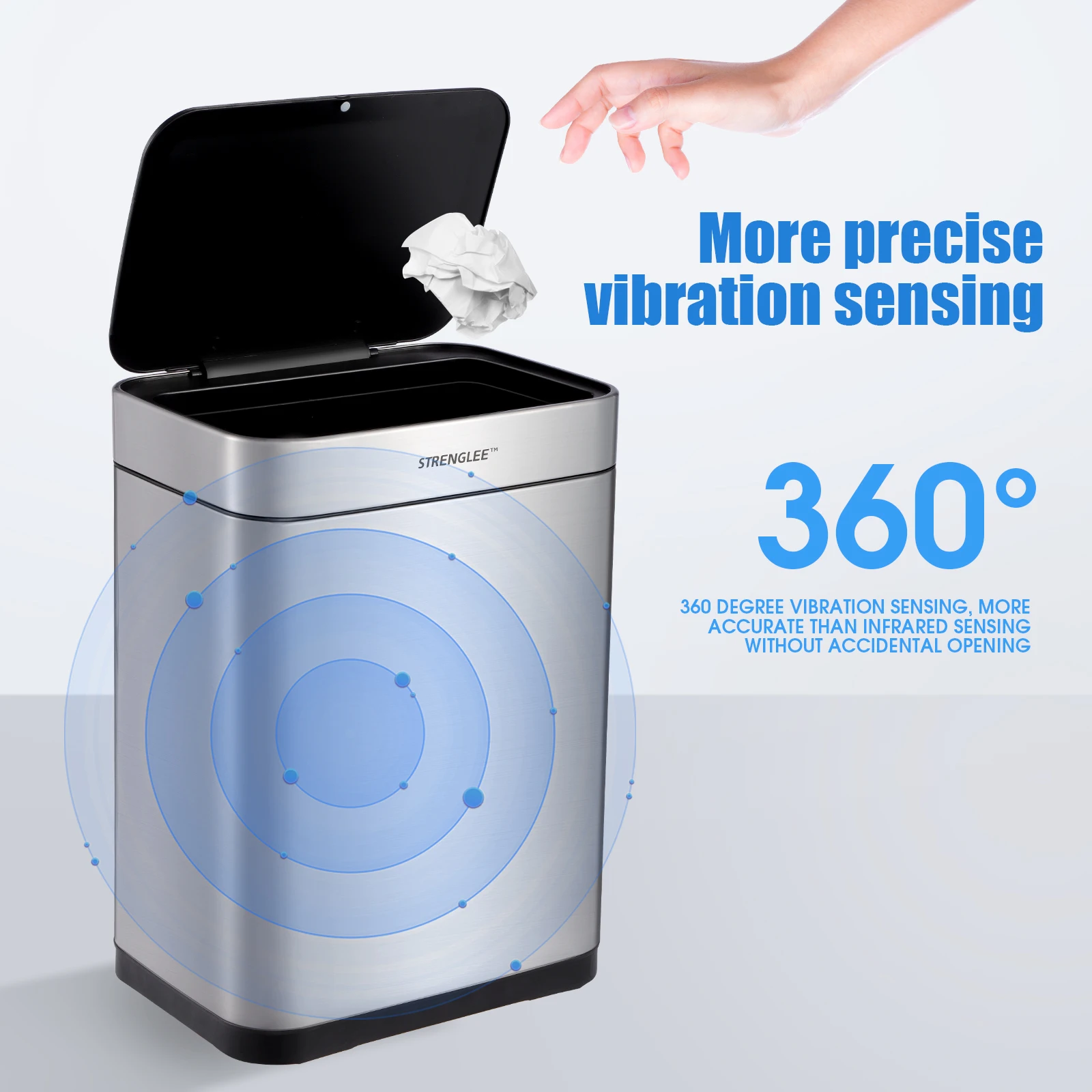 60L Rectangular Design Stainless Steel Smart Garbage Can with Soft-Close Lid Vibration Sensor for High-Volume Waste Management